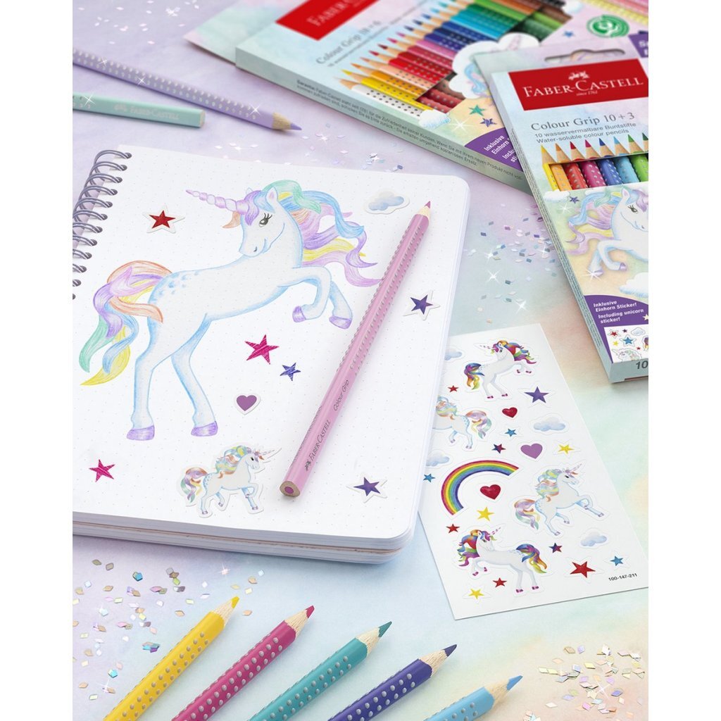Faber Castell FC-201543 Colour Grip Kleurpotloden 18 Stuks + 6 Sparkle Pastel Kleurpotloden en Unicorn Stickers - Image 2