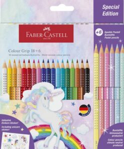 Faber Castell FC-201543 Colour Grip Kleurpotloden 18 Stuks + 6 Sparkle Pastel Kleurpotloden en Unicorn Stickers