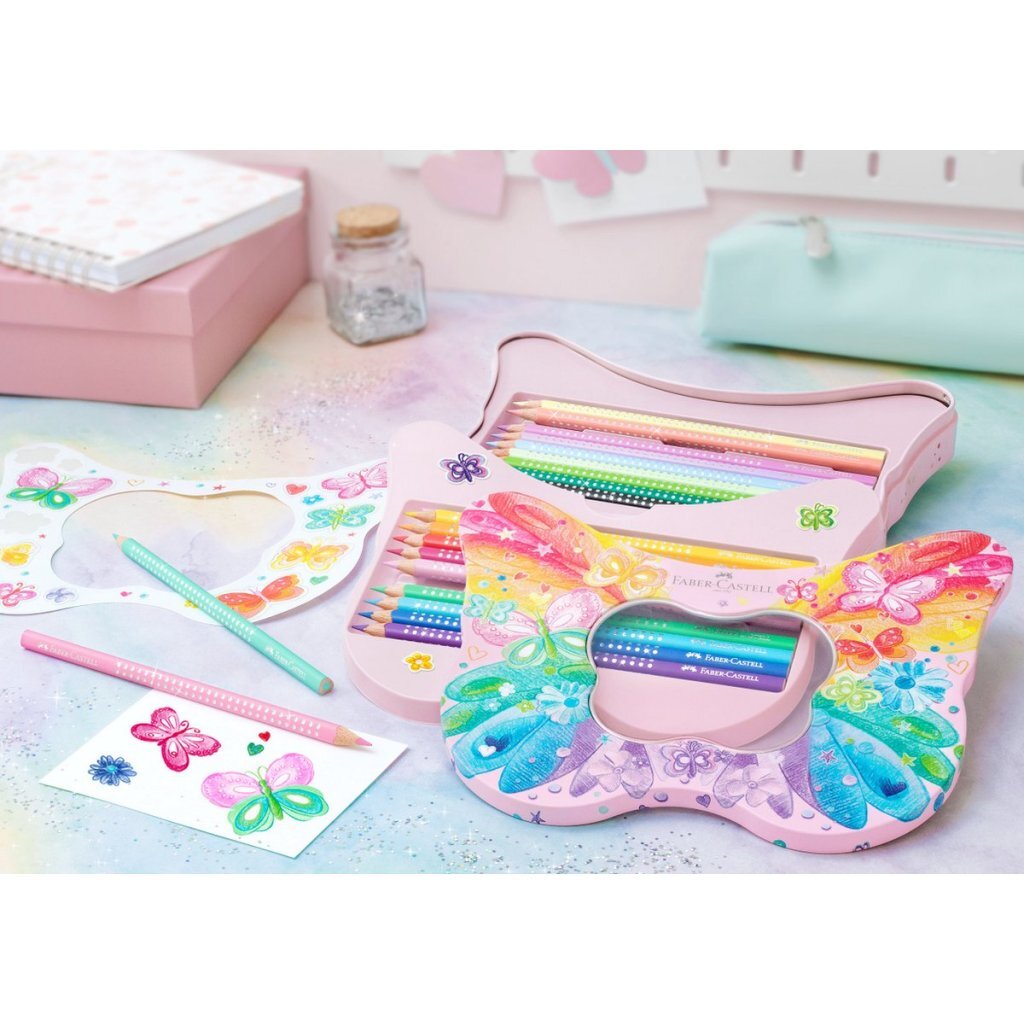 Faber Castell FC-201971 Kleurpotloden Sparkle in Vlinder Bewaarblik 12 Standaard Kleuren + 8 Pastel Kleuren + Stickers - Image 4