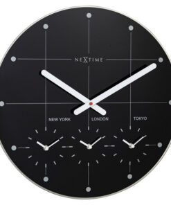 NeXtime NE-8197ZW Wereldtijden Klok - Stille Wandklok - 43cm - Zwart - Glazen Klok - - 